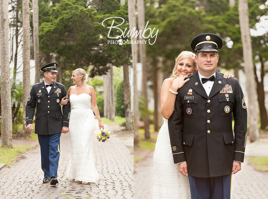 Bride and groom in military dress blues