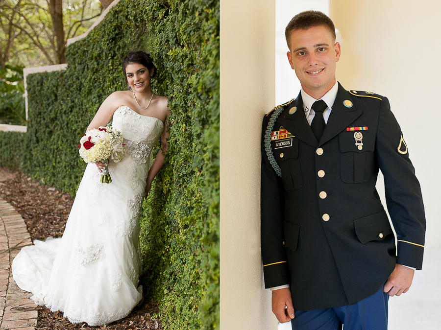 bride on vine wall groom in military dress blues