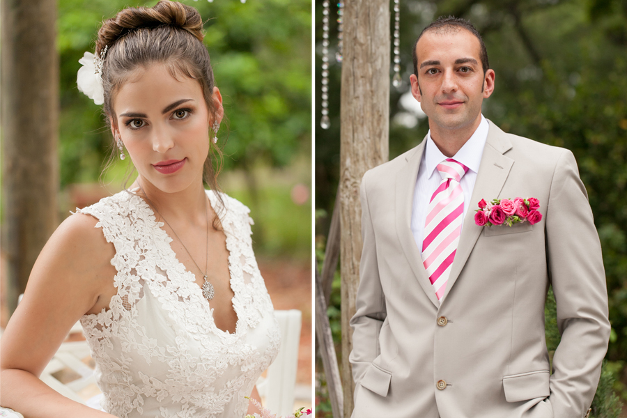 bride in lace gown groom in beige and pink suit