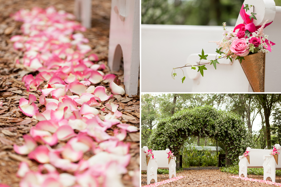 rose petal aisle jasmine backdrop ceremony area white outdoor church pews