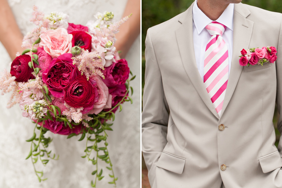 hot pink and light pink bouquet pocket grooms flowers