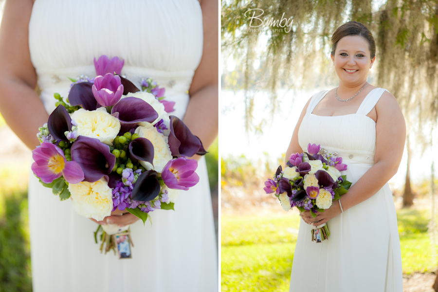 bride and purple bouquet at cypress grove estate house