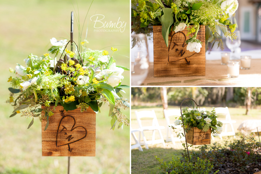 handmade wood box centerpieces with initials burned on box