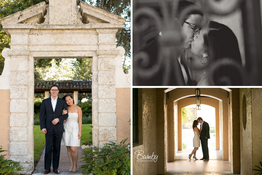 rollins college engagement session couple kissing in doorways