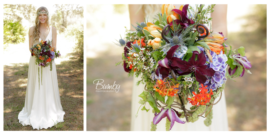 aubergine clematis, peach parrot tulips, purple hydrangea, orange orchid blooms thistle spring wedding bouquet