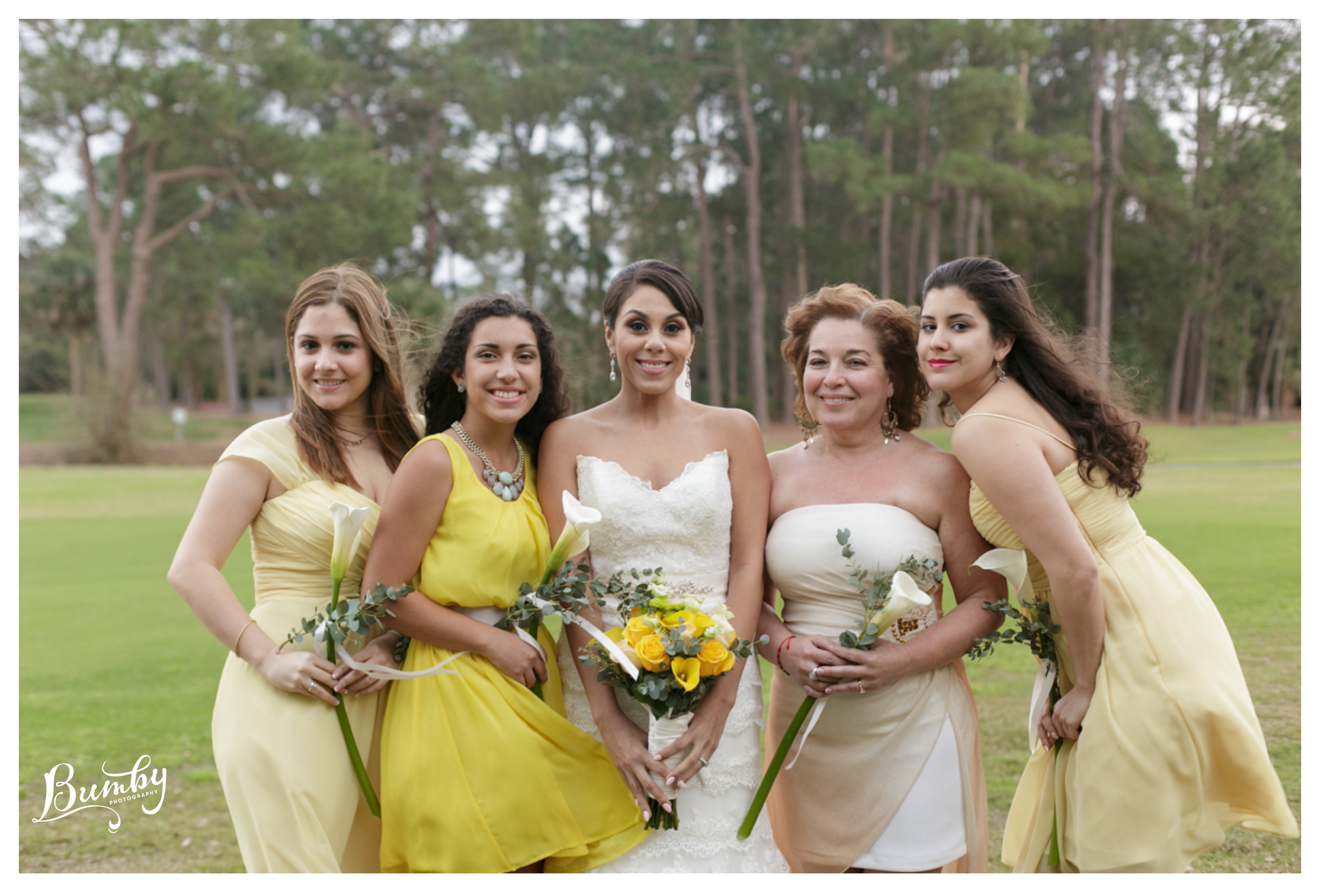 bride and bridesmaids mix match yellow dresses