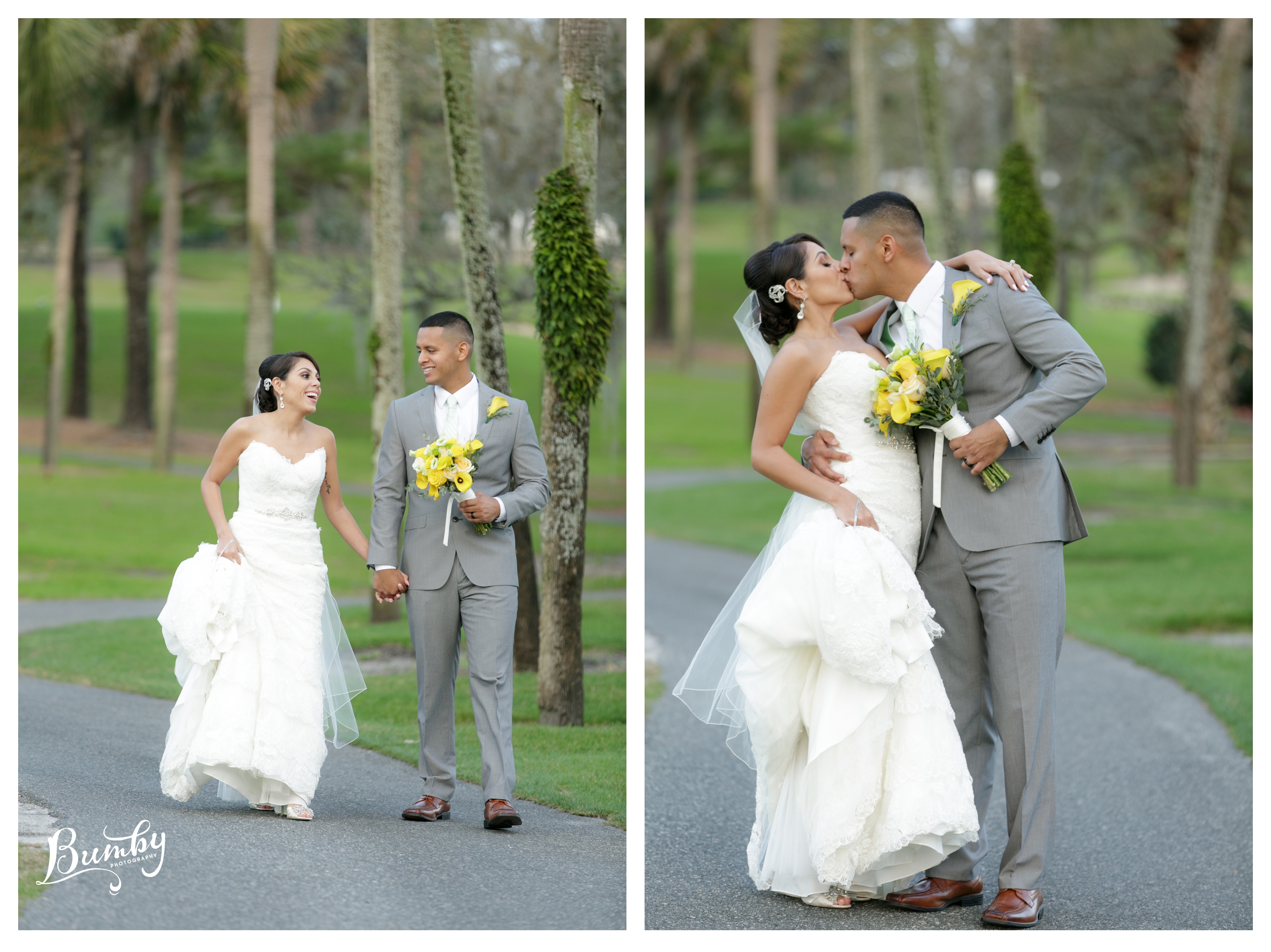 bride and groom walking along golf course