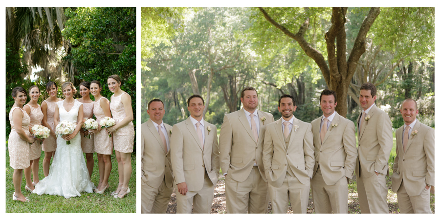 bride and bridesmaids blush dresses groom and groomsmen tan suits