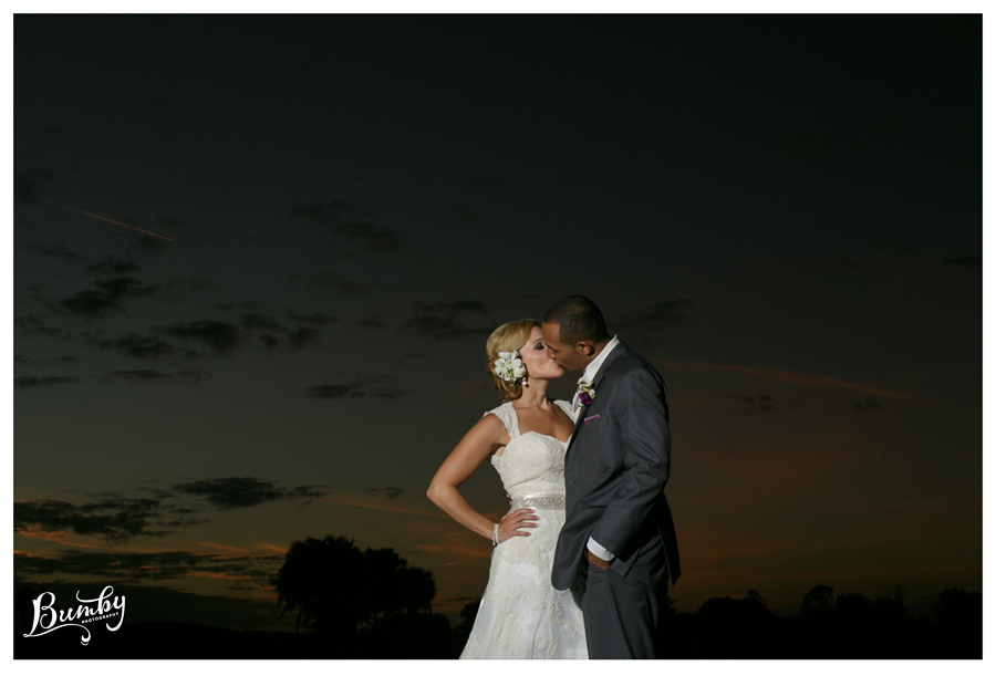 Bride and groom kissing with shooting star in background