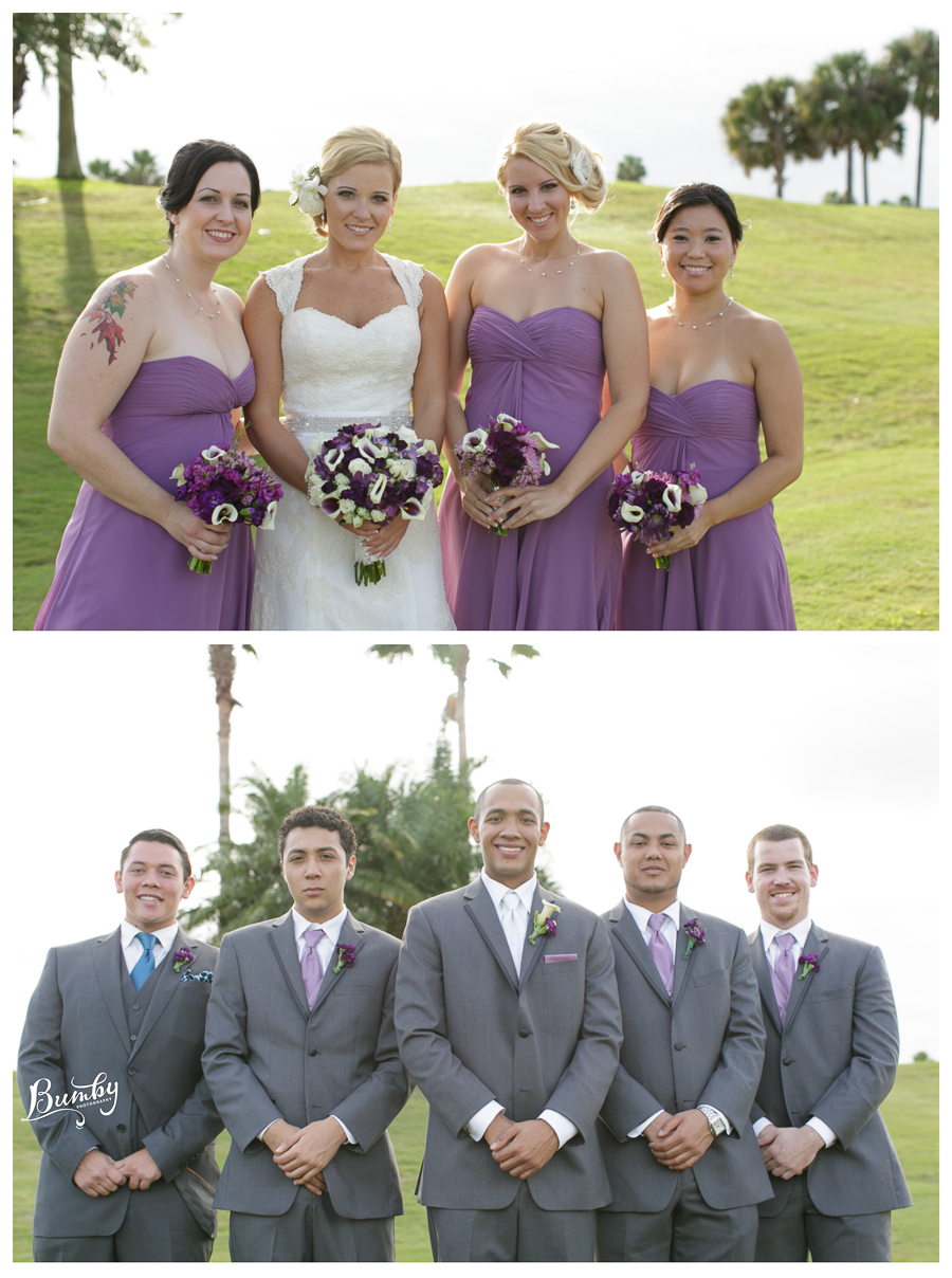 bride and bridemaids purple dresses groom groomsmen grey suits