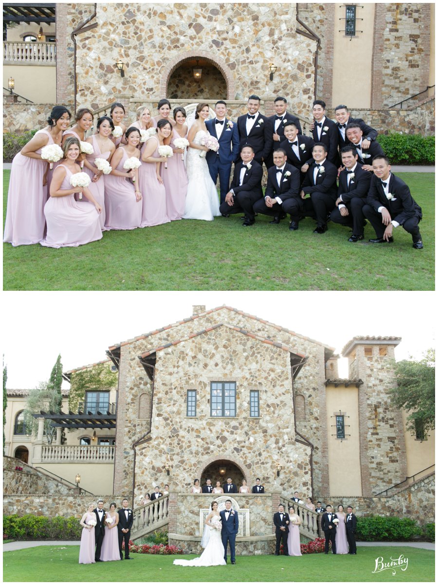 Entire wedding party posing in the grand lawn at Bella Collina.