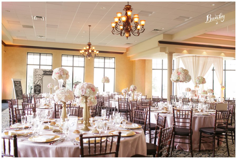 Pink and white reception in the ballroom. 