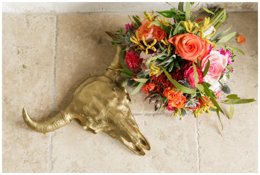 wedding bouquet and cow skull