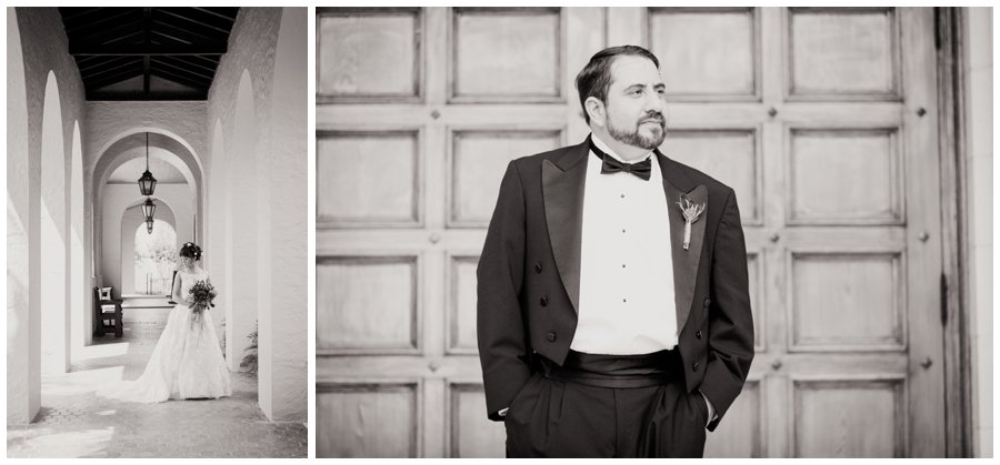 black and white portrait of bride and groom at knowles memorial chapel