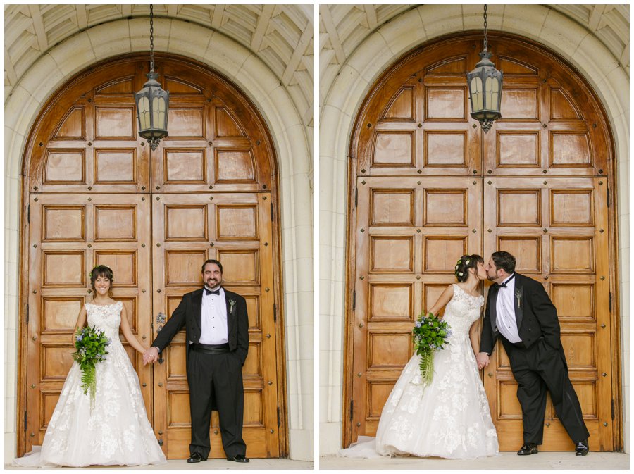 bride and groom kissing in front of antique door at rollins college