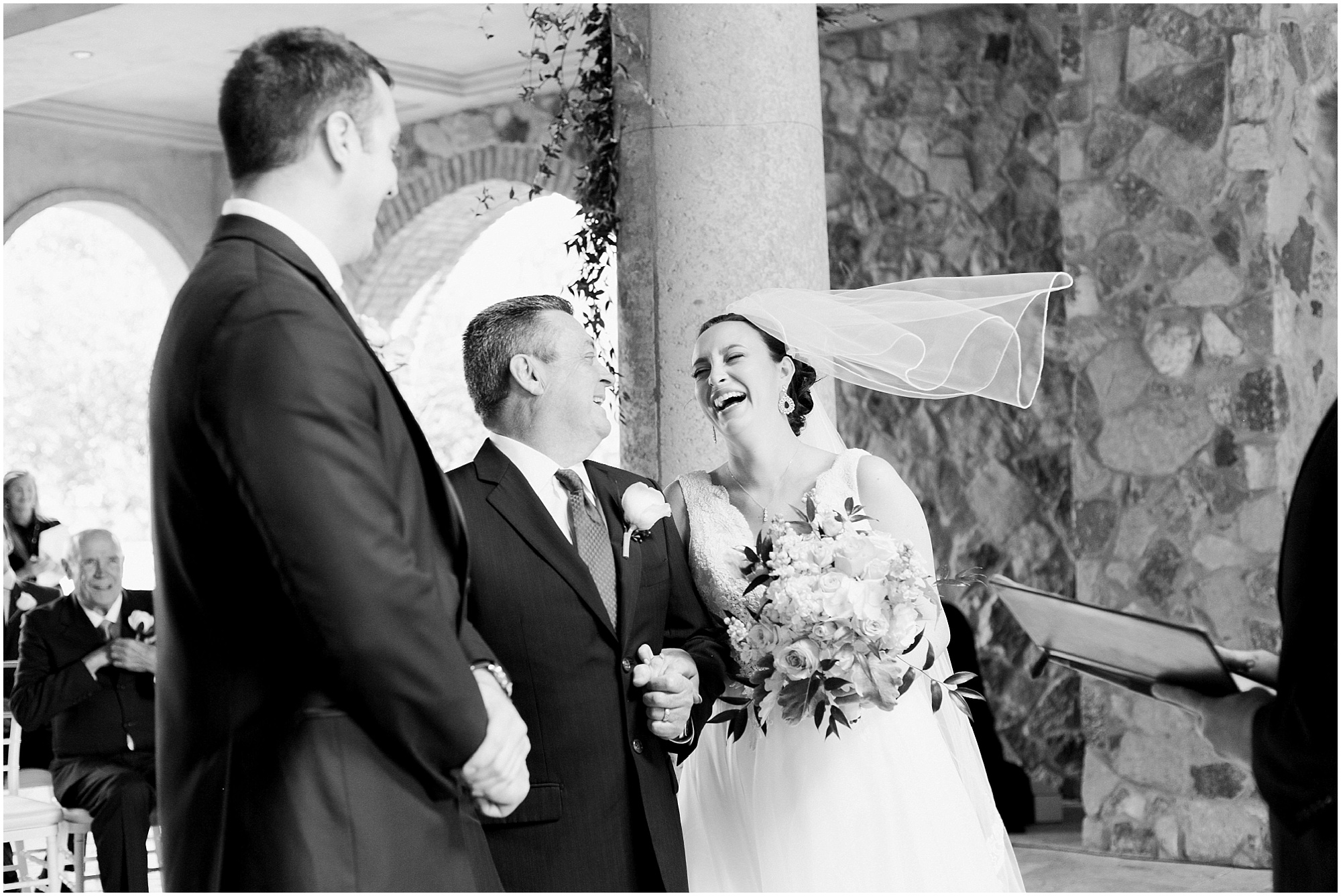 Father walking bride down the aisle laughing together at Intimate Italian wedding