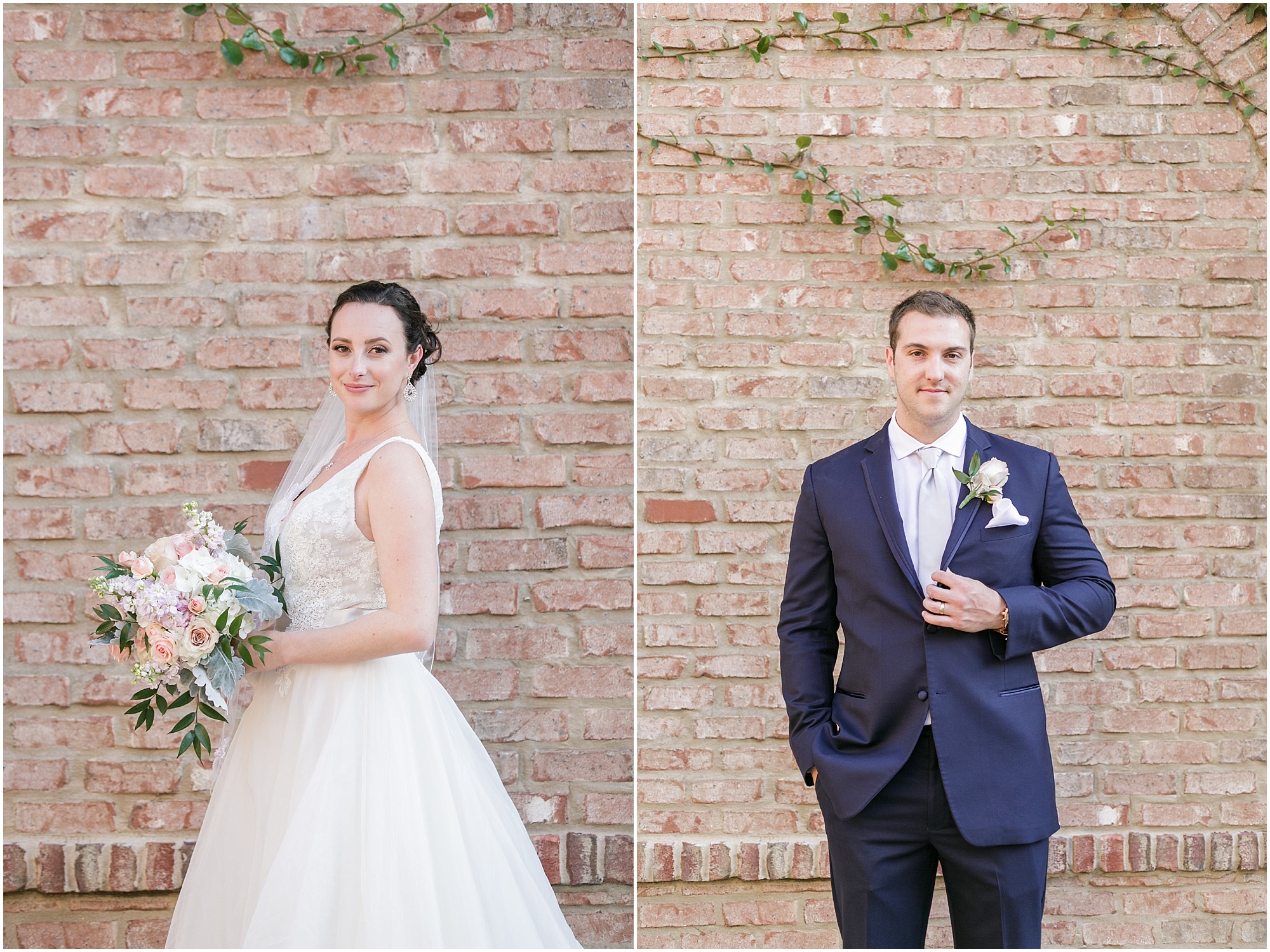 Bride and groom standing in front of brick and vine wall at intimate Italian wedding