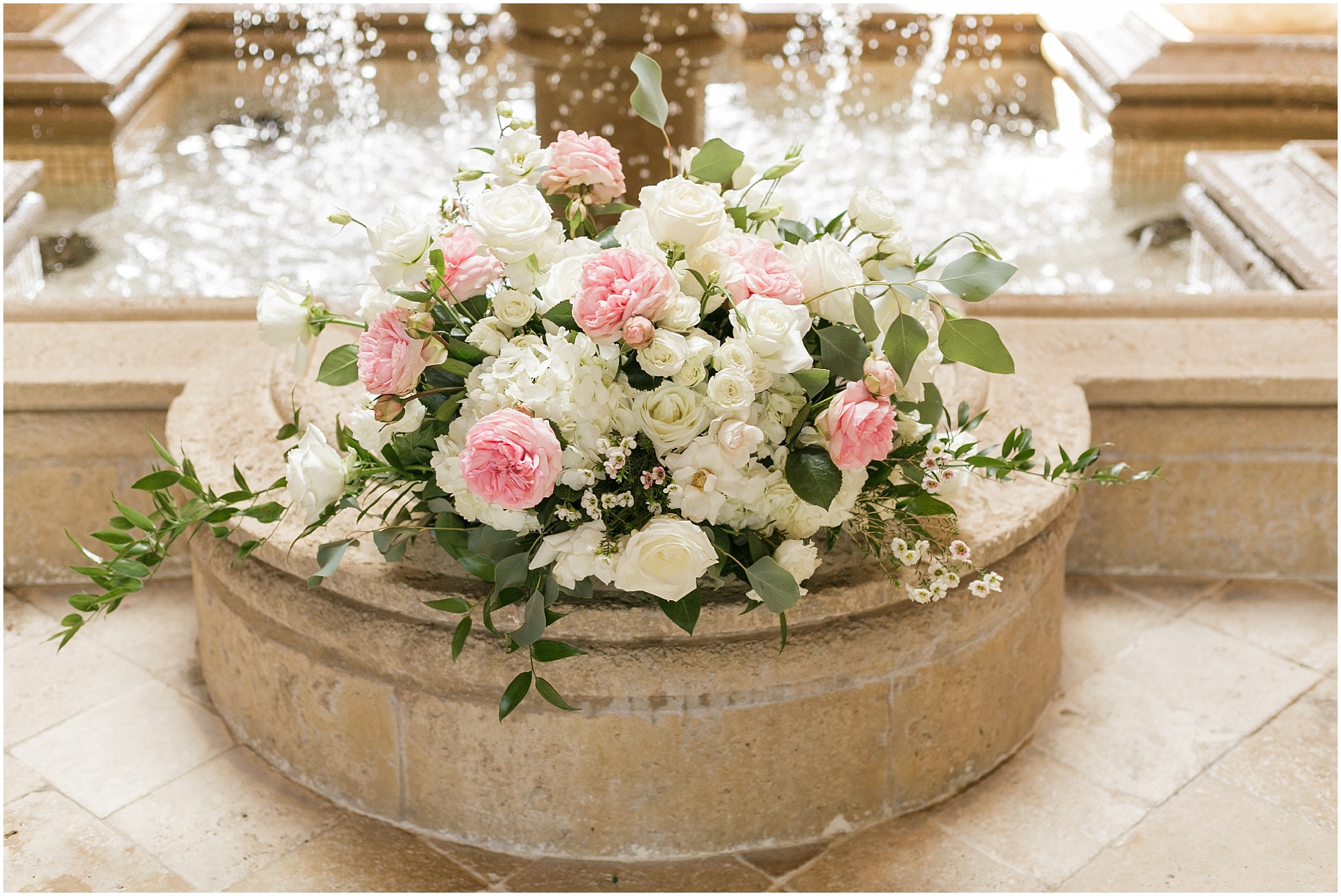 Intimate Italian pink and white wedding flowers
