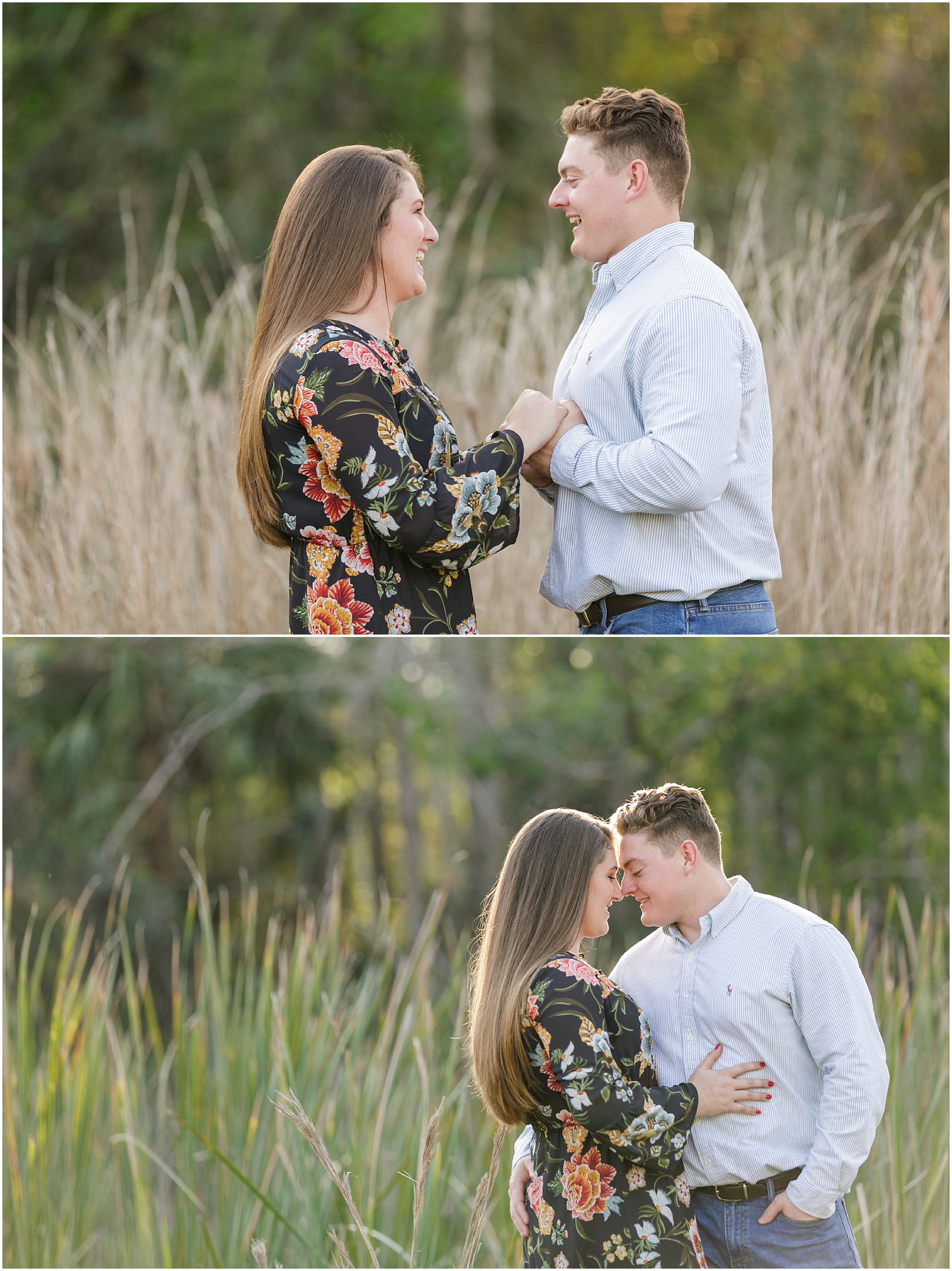 couple laughing and kissing during engagement session at sunset