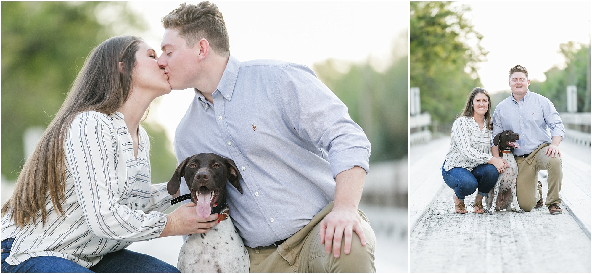 couple poses with dog in the middle of a bridge at engagement session