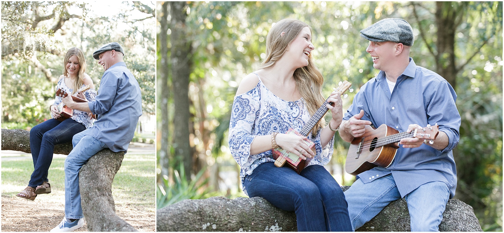 Musical outdoor couple playing a guitar and ukulele in a tree