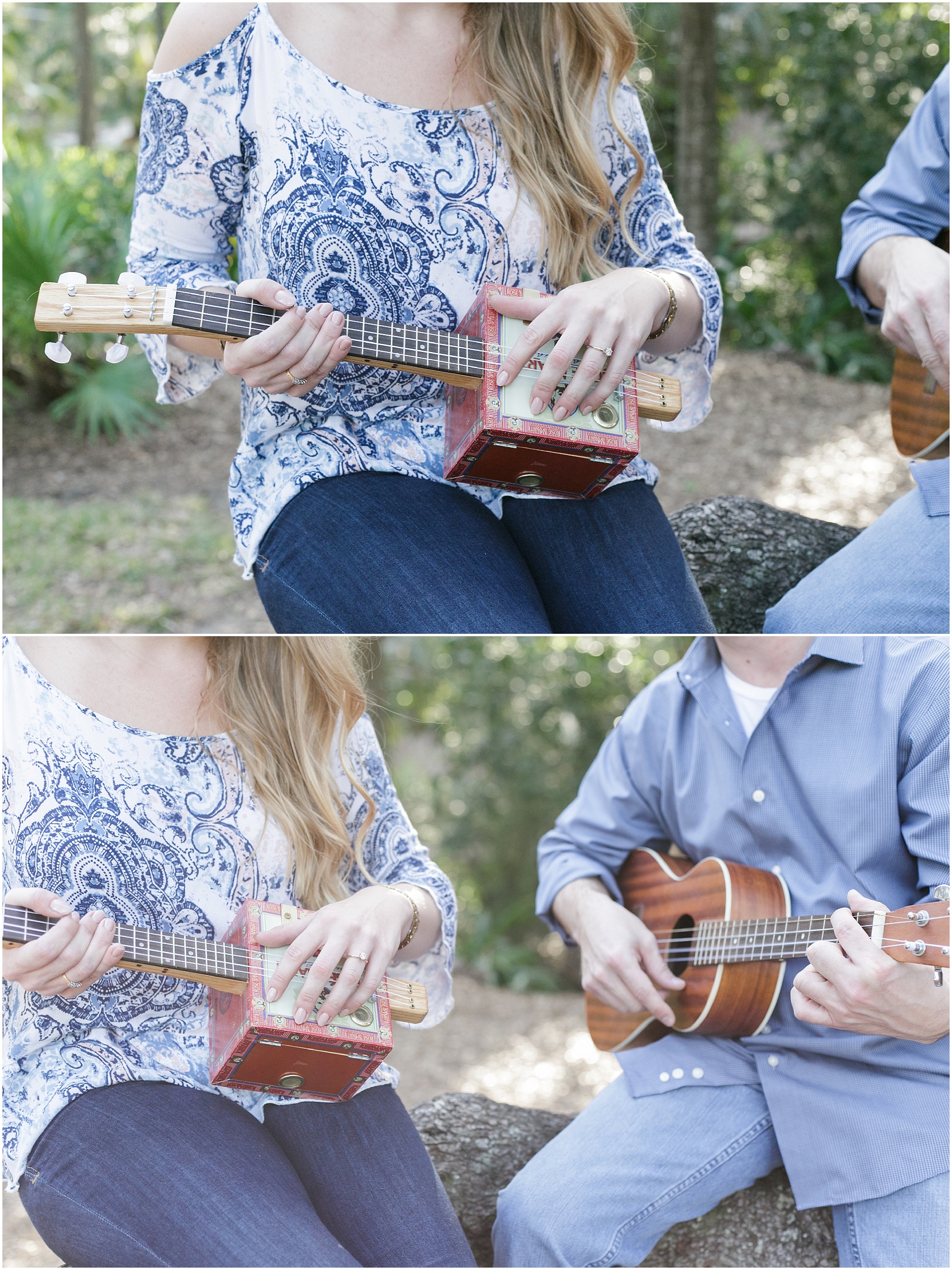 Woman with a ukulele handmade from a cigar box and a guy with small guitar. 