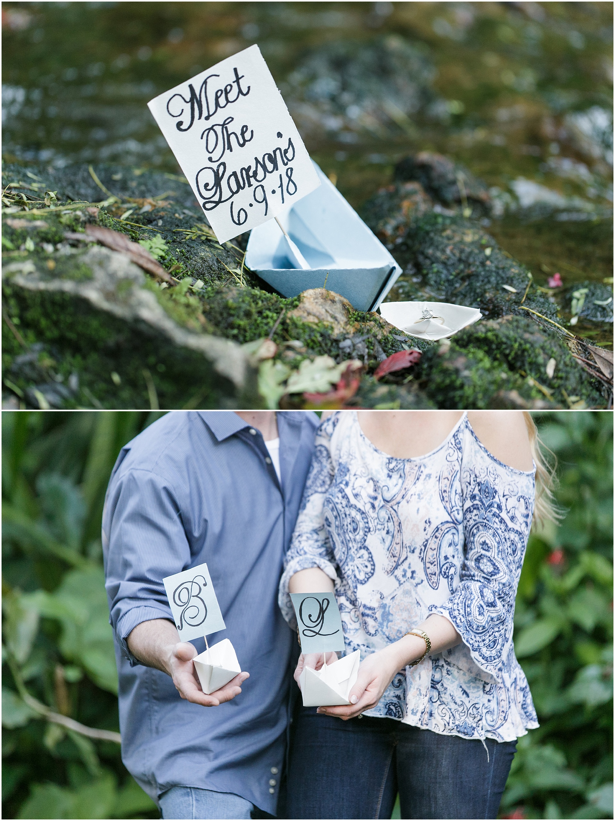 Paper boats with couples engagement date and initials on them 