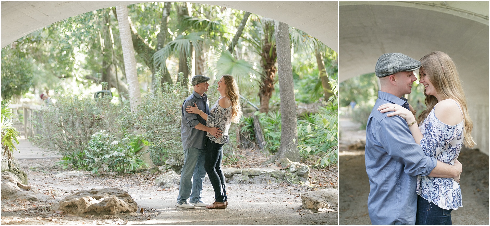 Engagement session couple holding each other while standing under a bridge at Azalea Park.