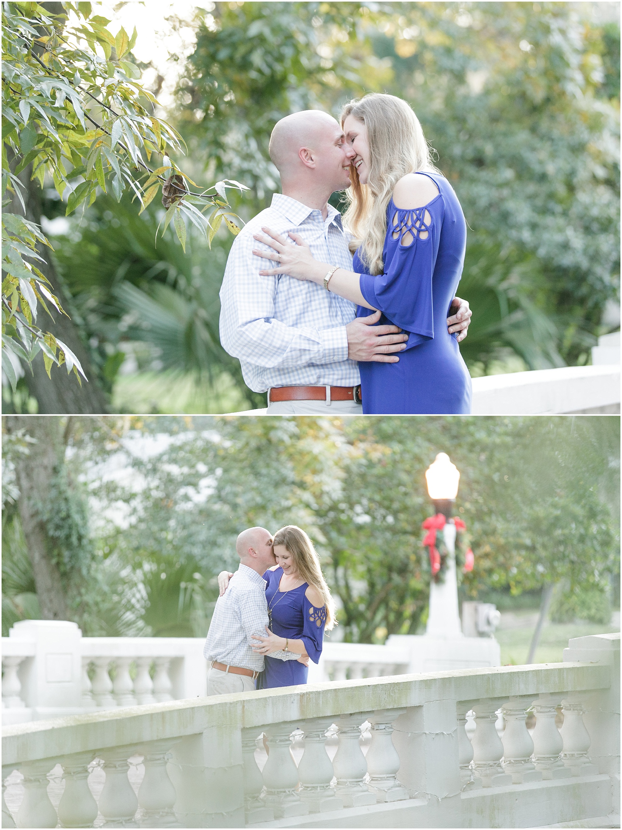Engagement session couple snuggling while standing on a bridge.