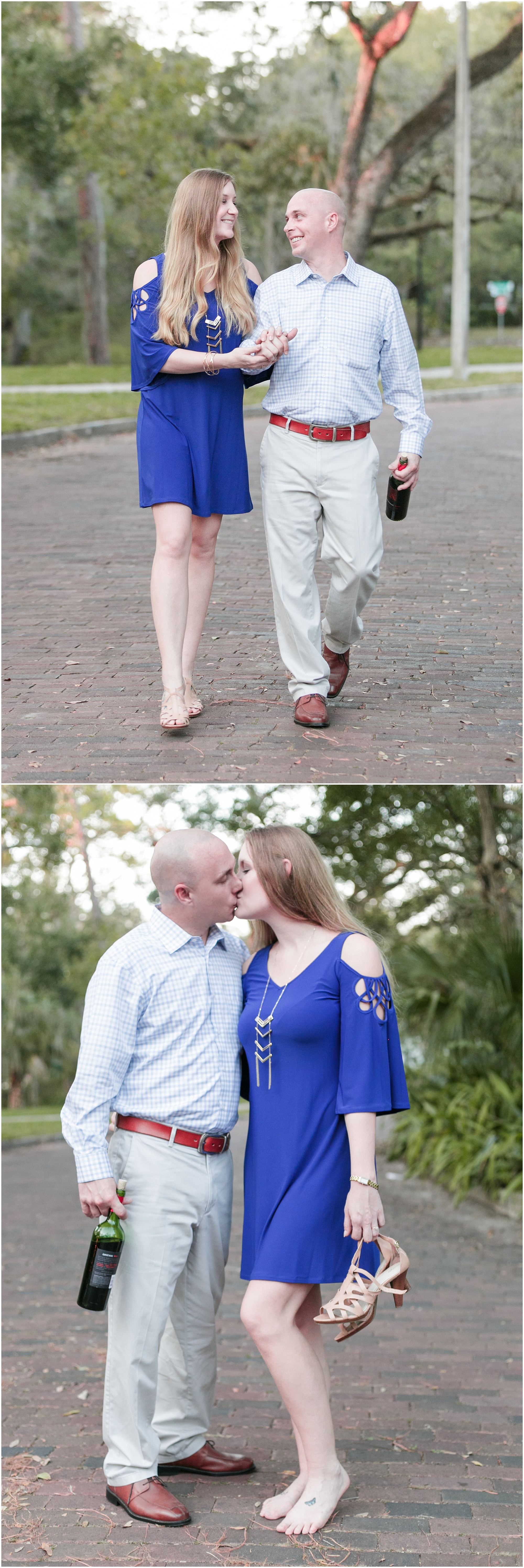 Outdoor engagement session couple walking and kissing each other at the end of the day.