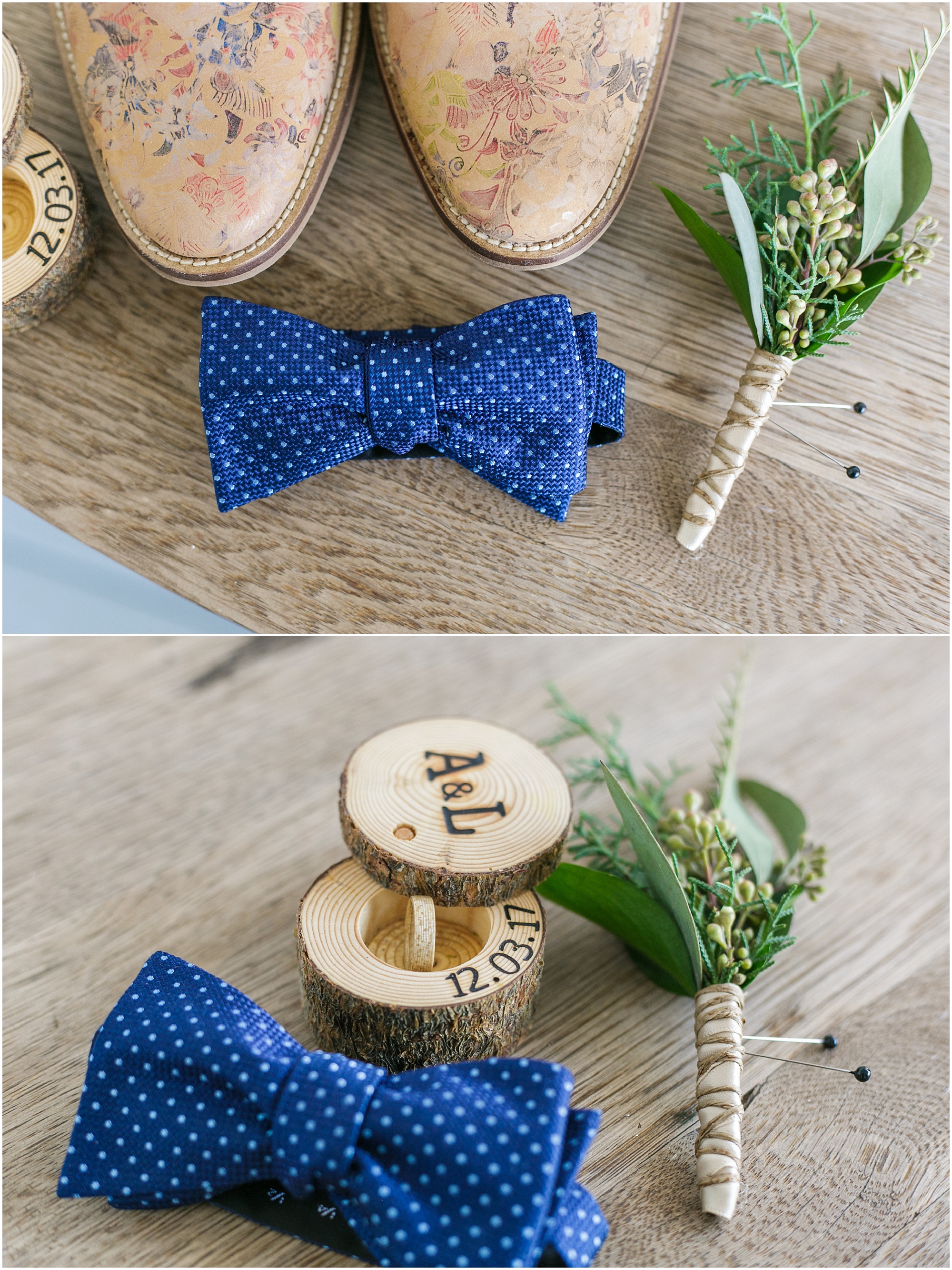 Groom bowtie, ring box, and boutonniere 