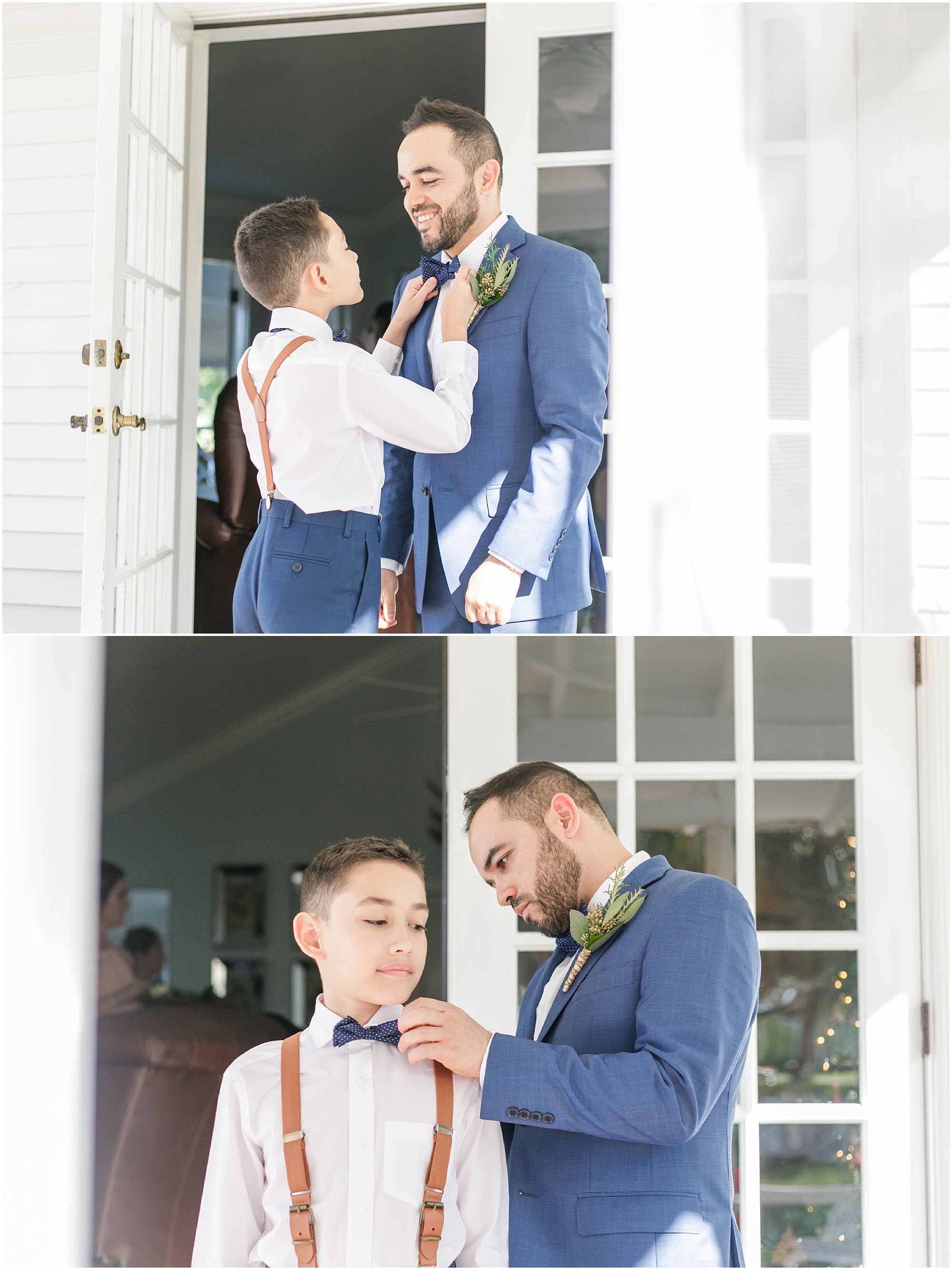 Dad and son getting ready for wedding