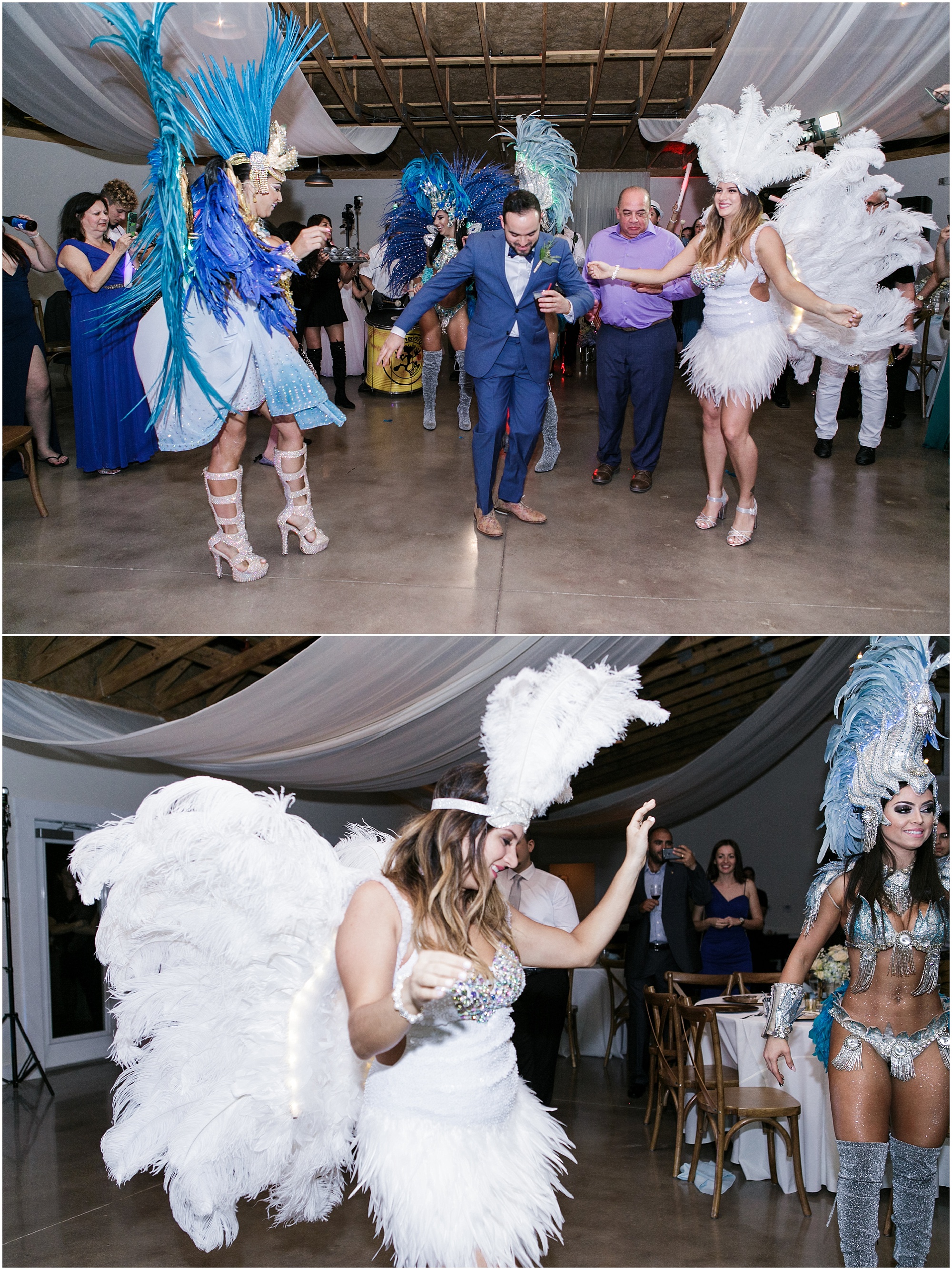 Bride and groom dancing with samba dancers and drummers