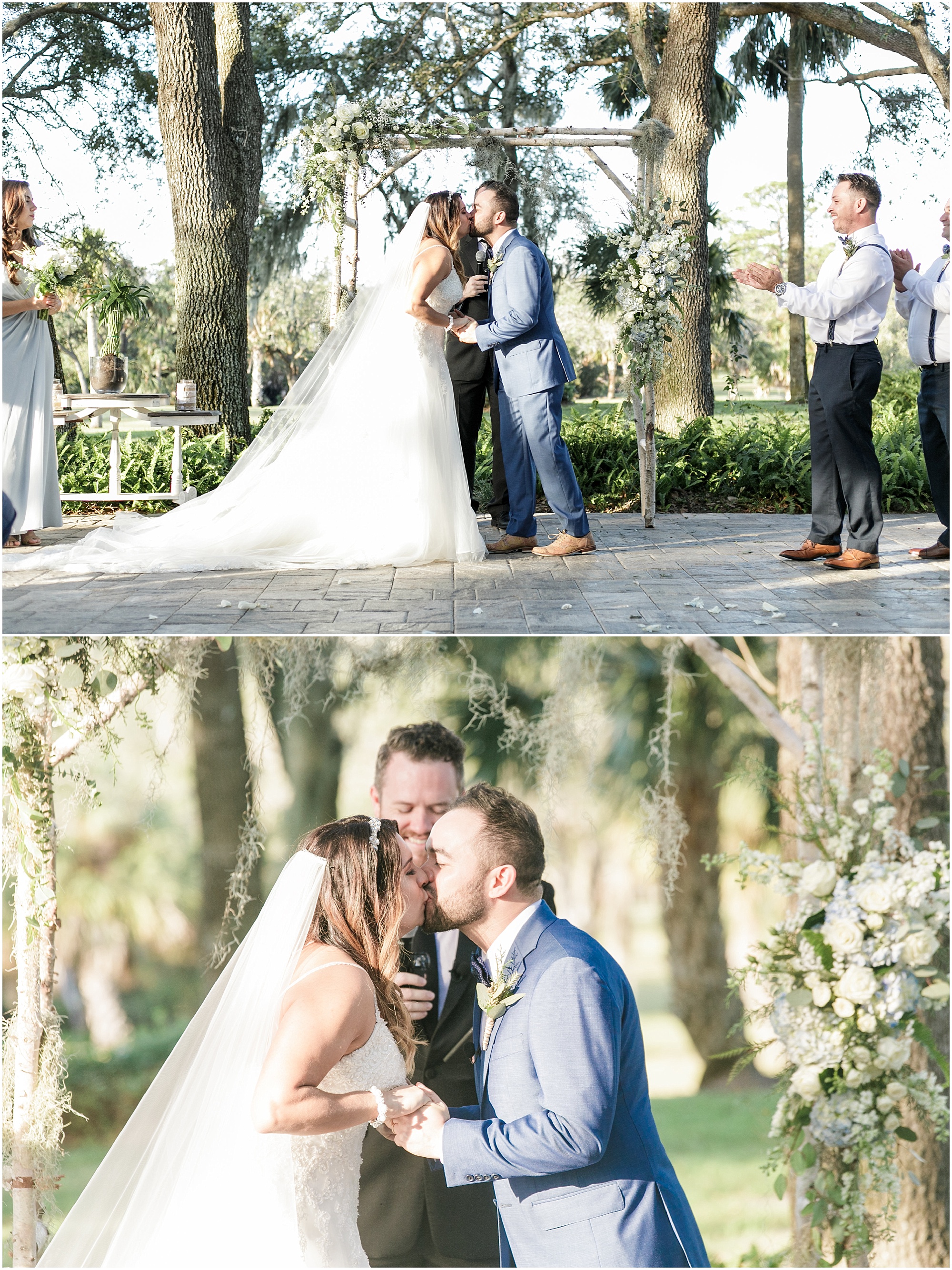 Bride and groom kiss at country farm ceremony