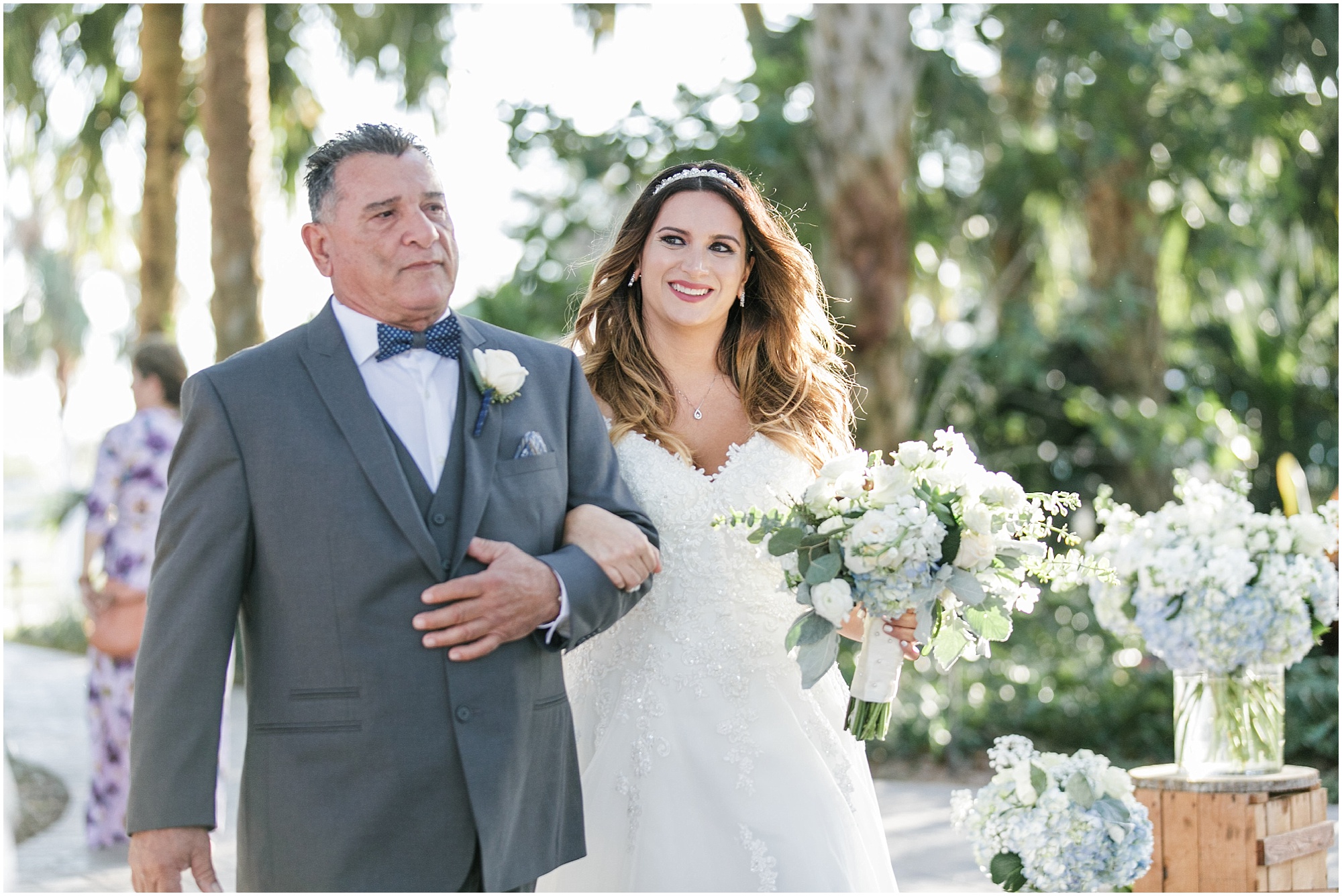 Father walking daughter down the aisle at latin flair meets country farm wedding