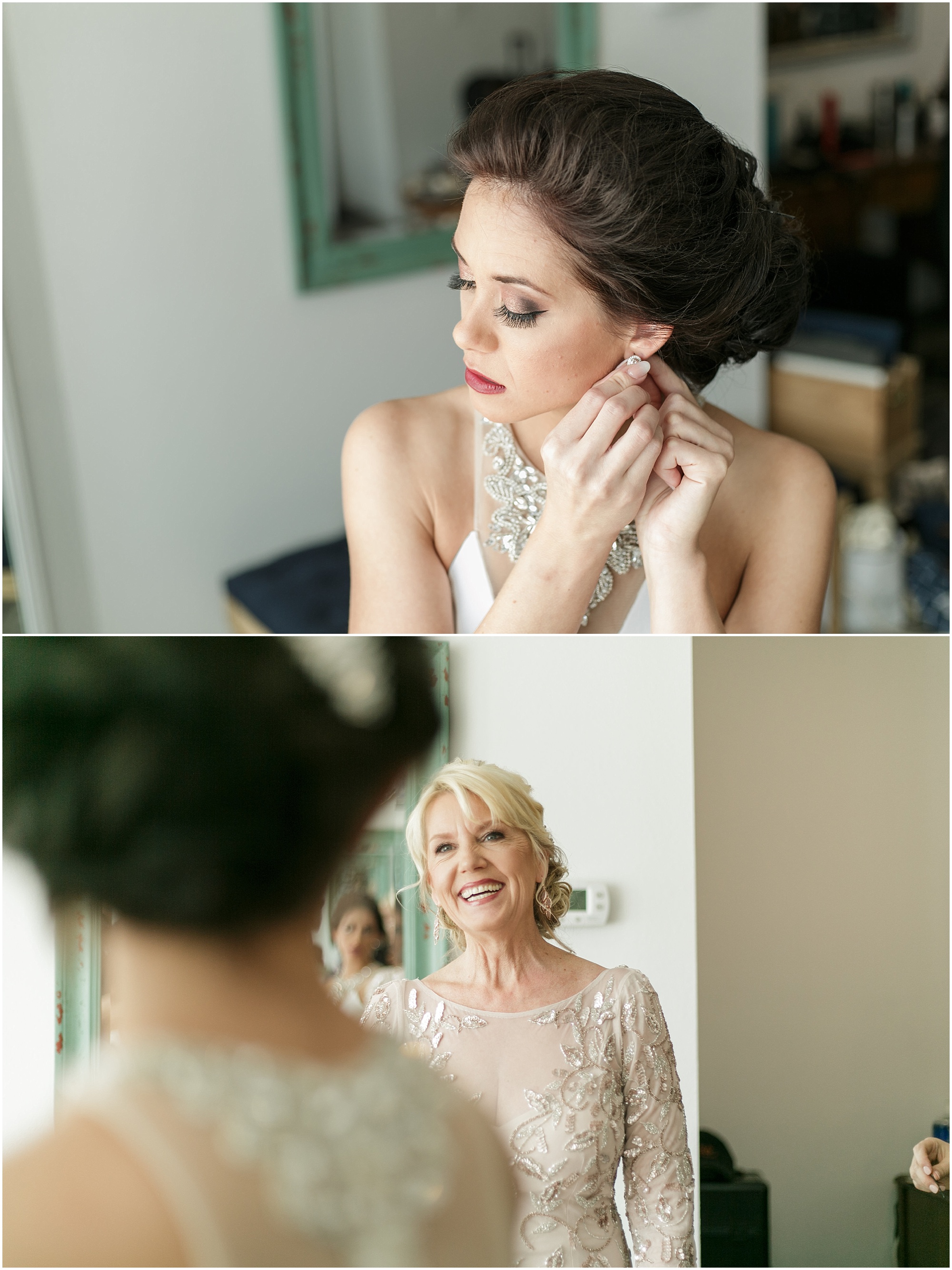 Bride putting on her earrings and seeing her mom.