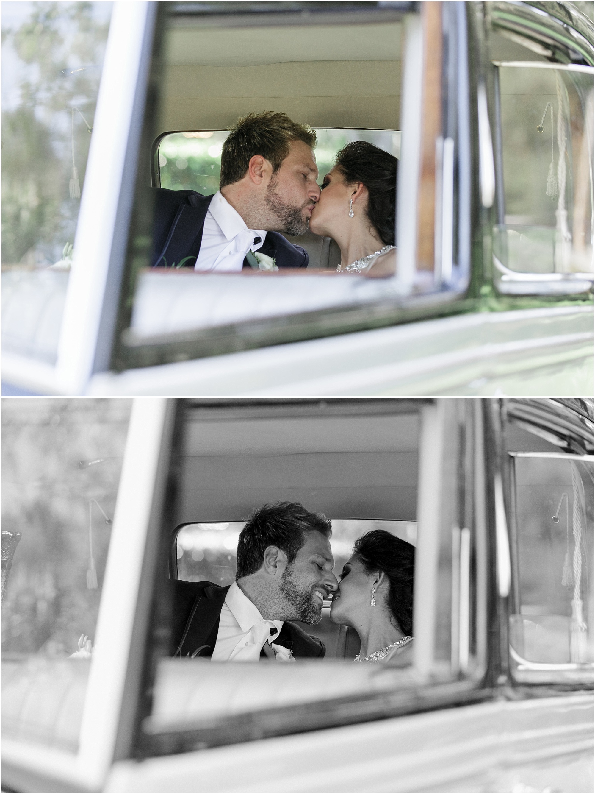 Southern Elegance couple snuggling and kissing in antique car.