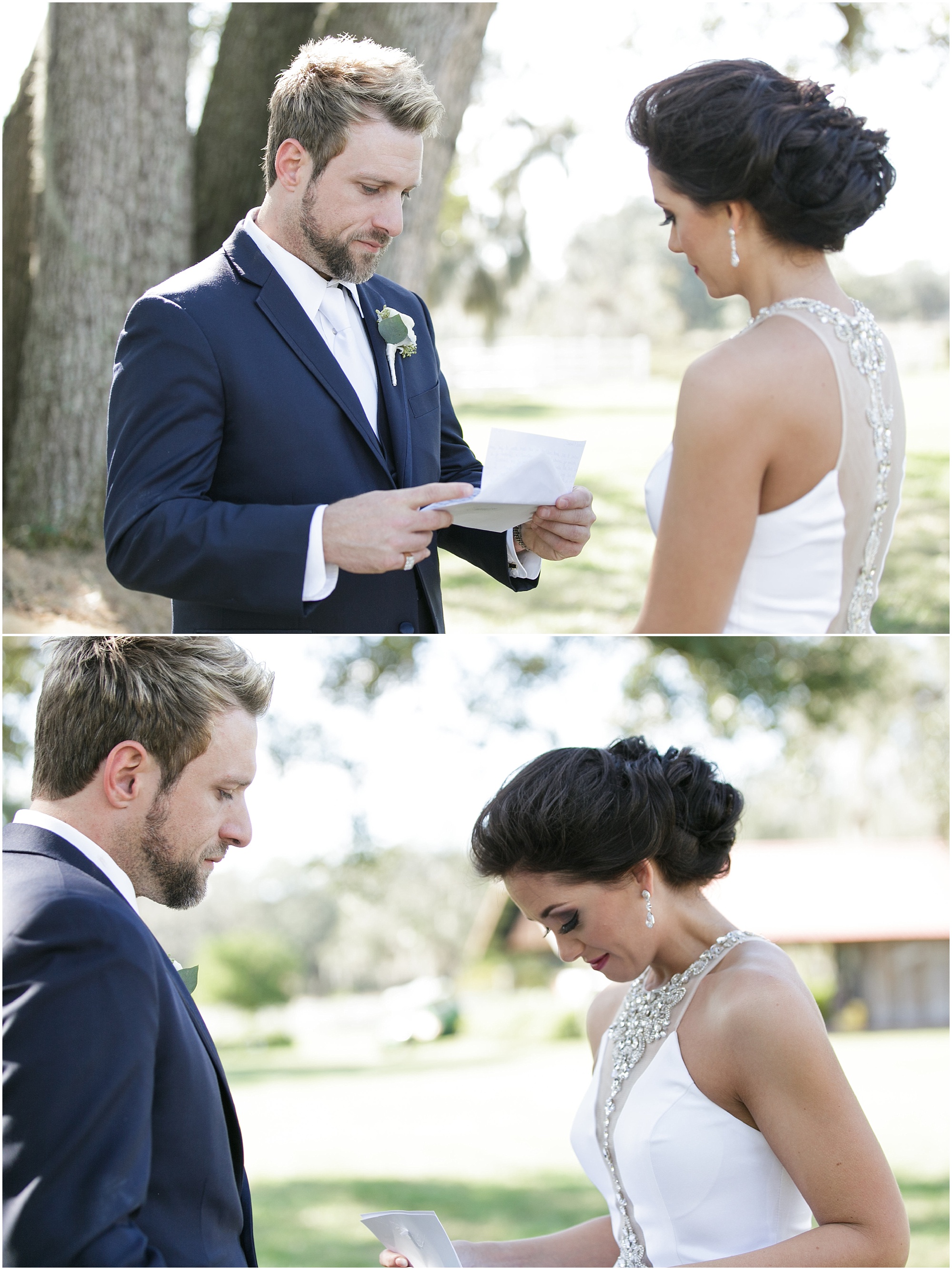 Bride and groom reading letter from each other at Elegance wedding.