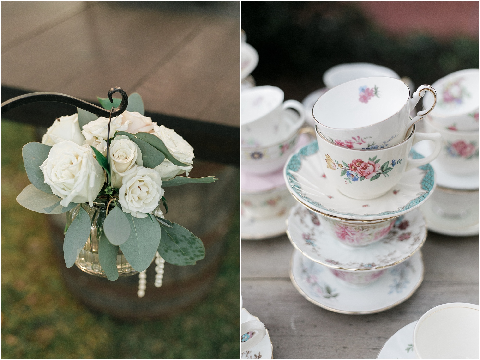 Wedding flowers and stacked antique teacups. 