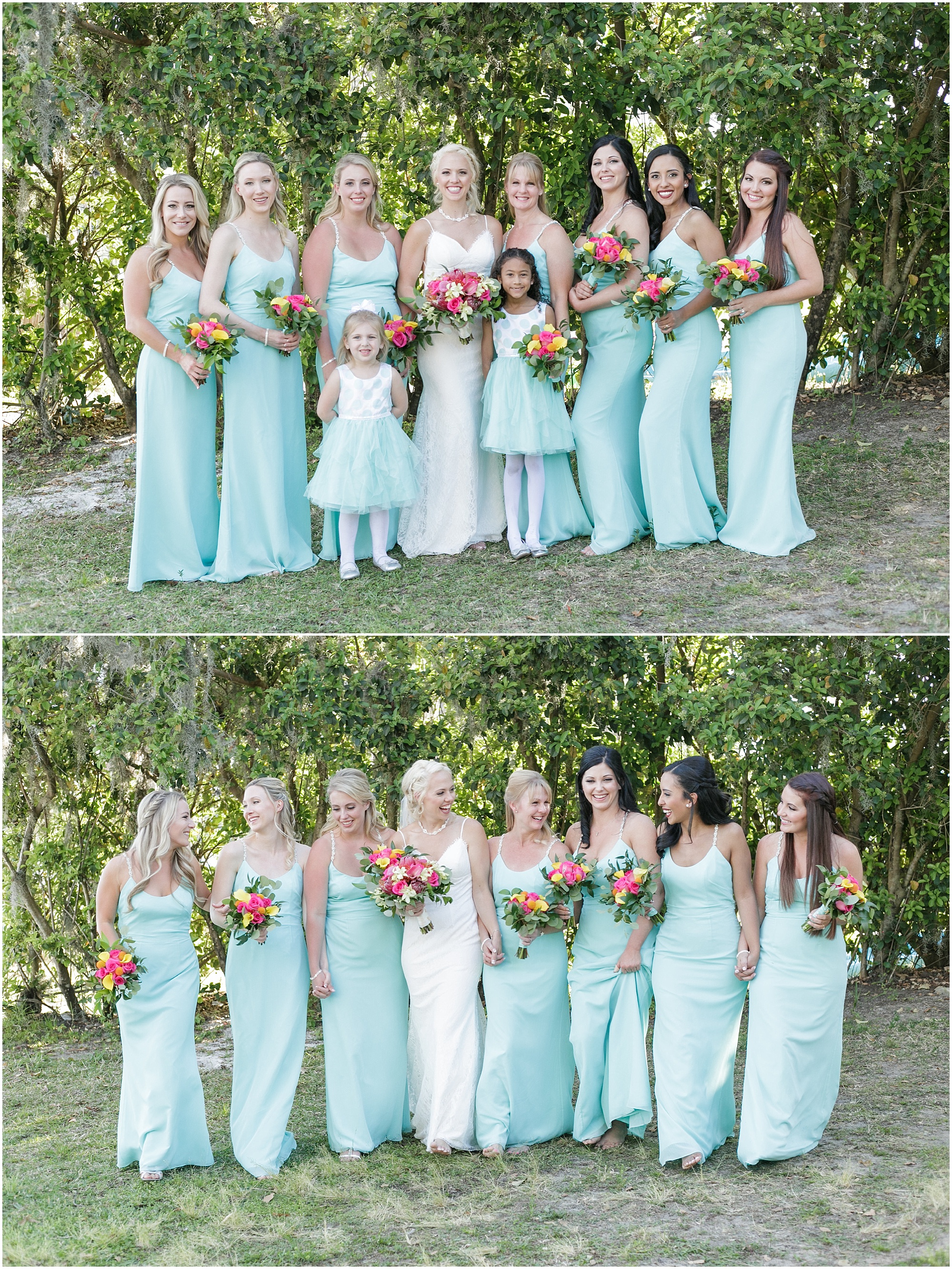 Paradise bridal party in teal dresses posing for photos.