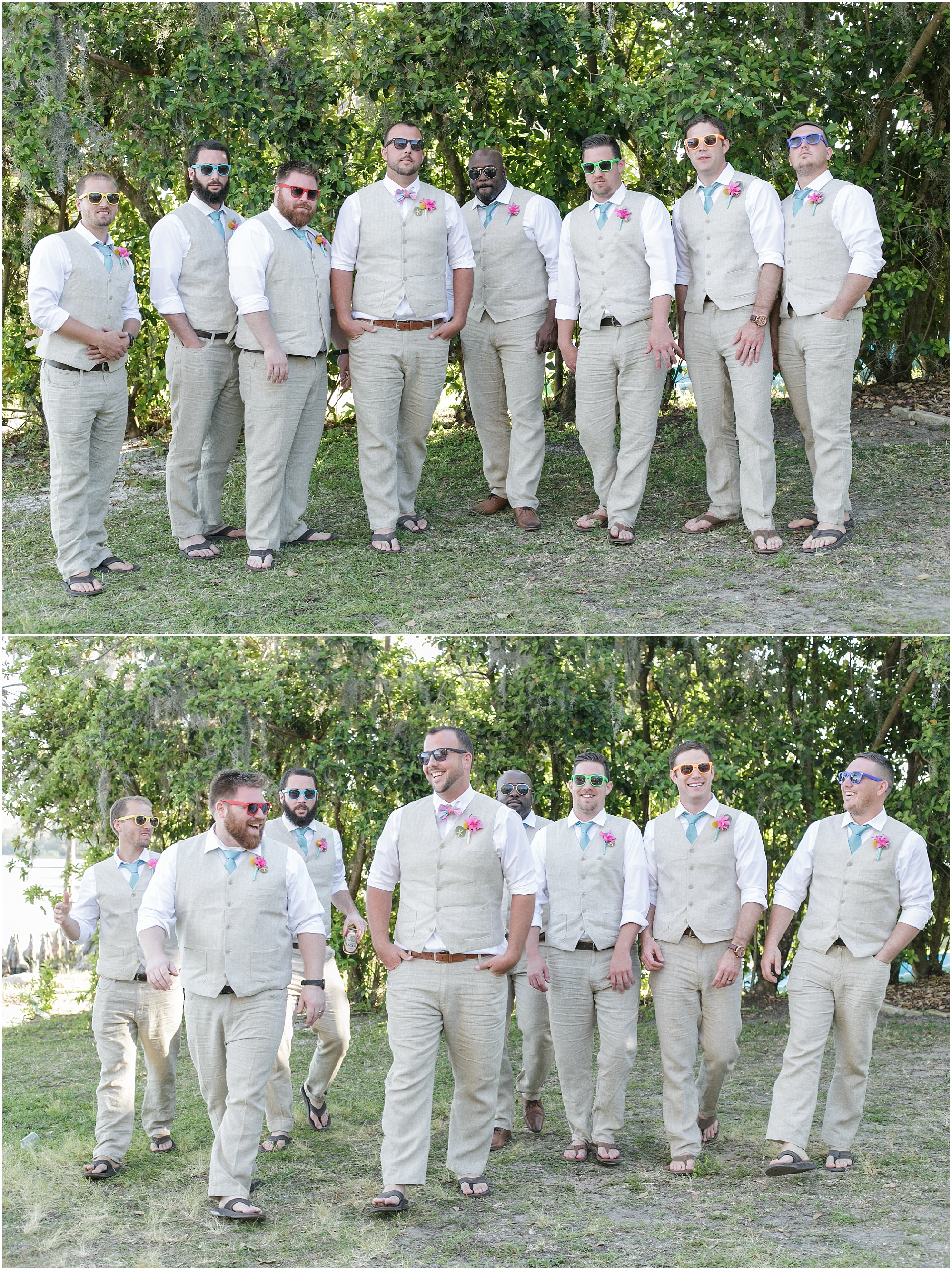 Groom's party wearing sunglasses and posing for photos. 