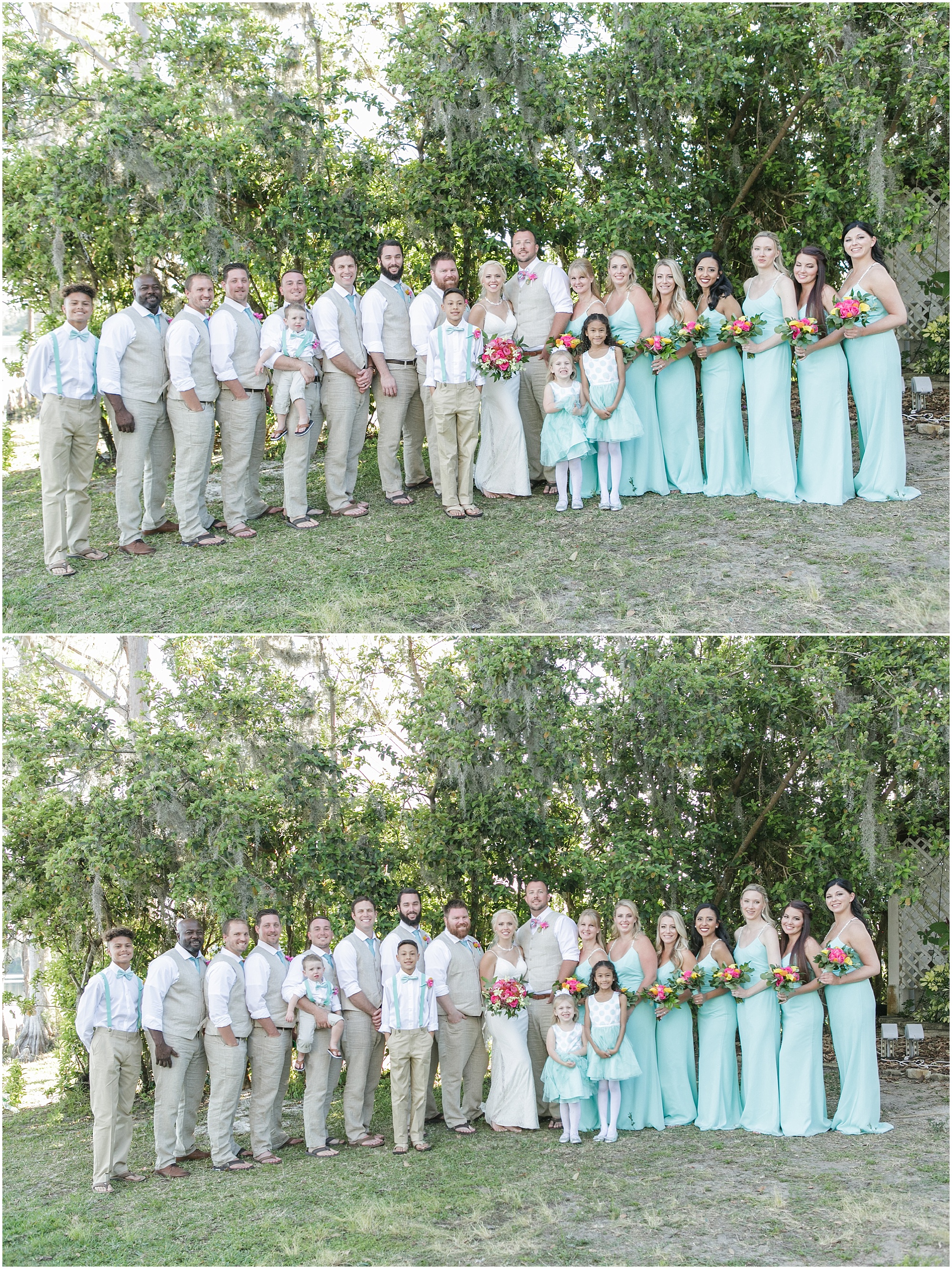 The entire wedding party for Wedding in Paradise couple who just got married. 