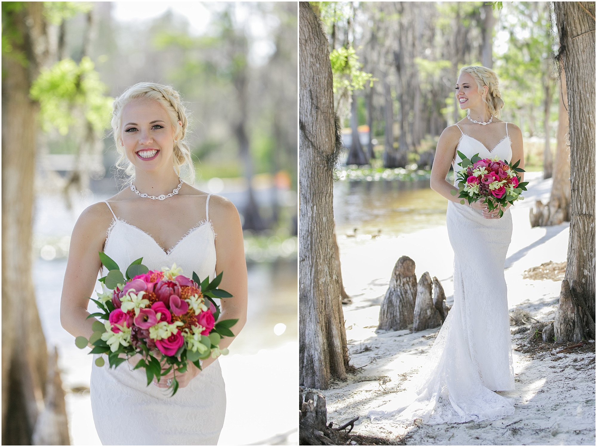 Photos of the bride outdoors while she is holding her bouquet of various bright pink flowers.
