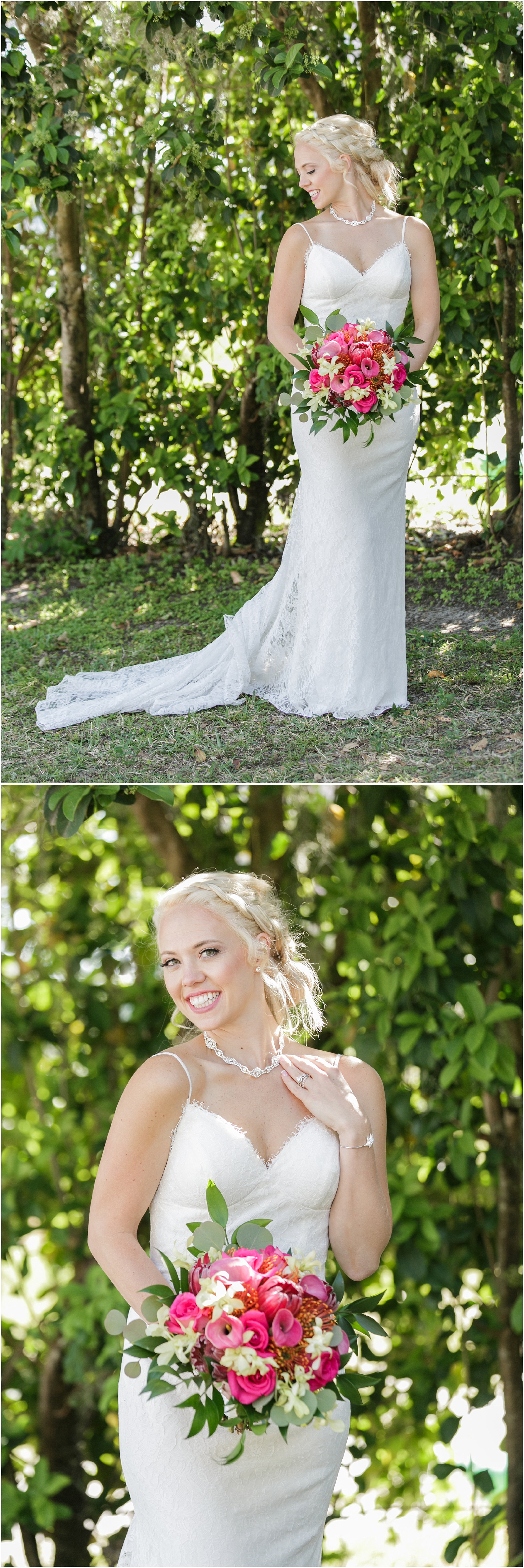 Portraits of the bride while she is standing in front of green plants.
