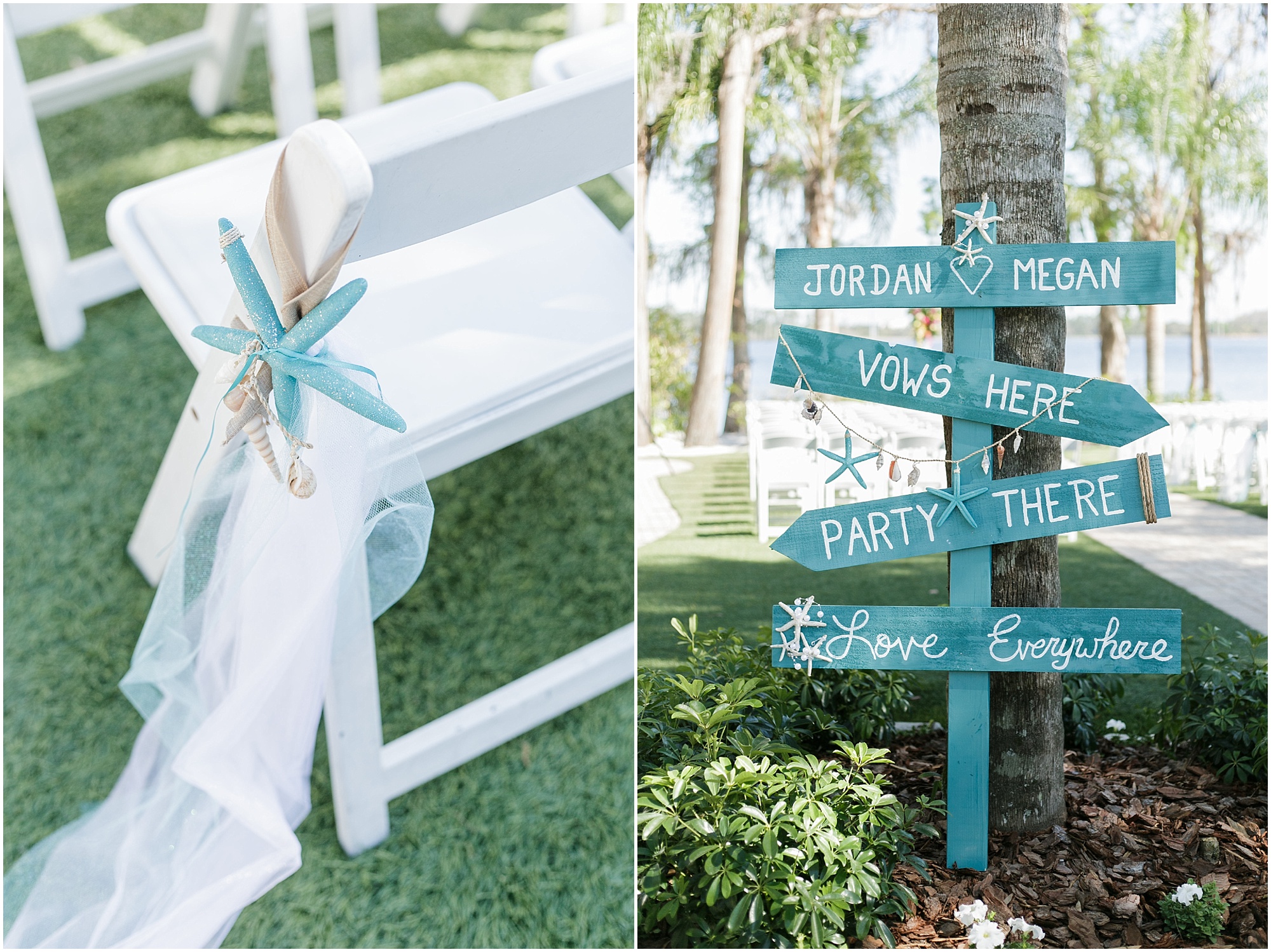 Starfish chair decoration and teal direction sign. 