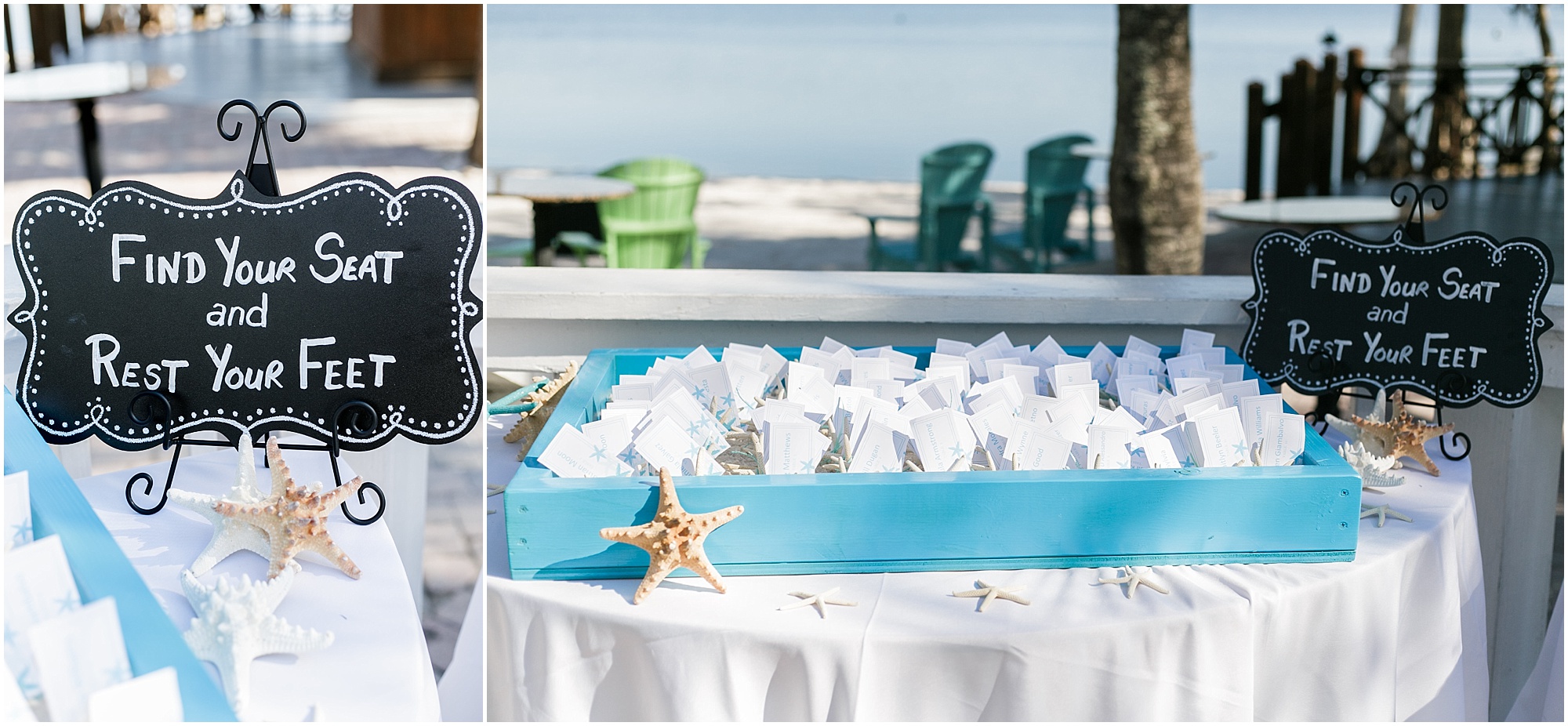 Seating assignment table with starfish holding guest name tags. 