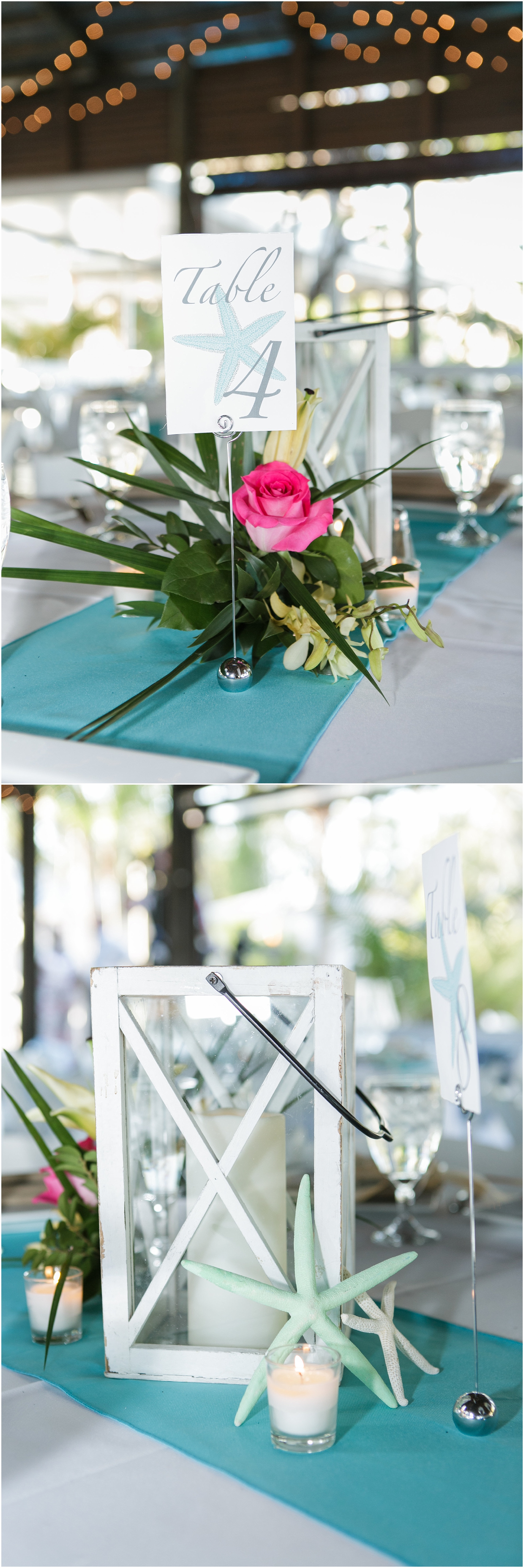Table centerpieces with bright pink flowers and a lantern. 