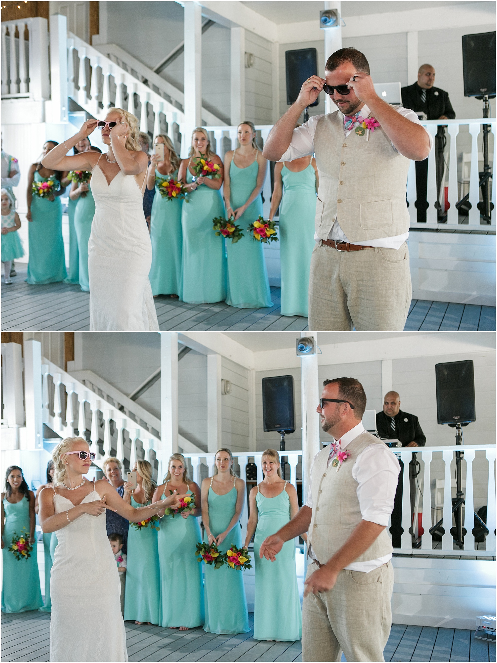 Bride and good get ready to surprise their guests with a choreographed dance.