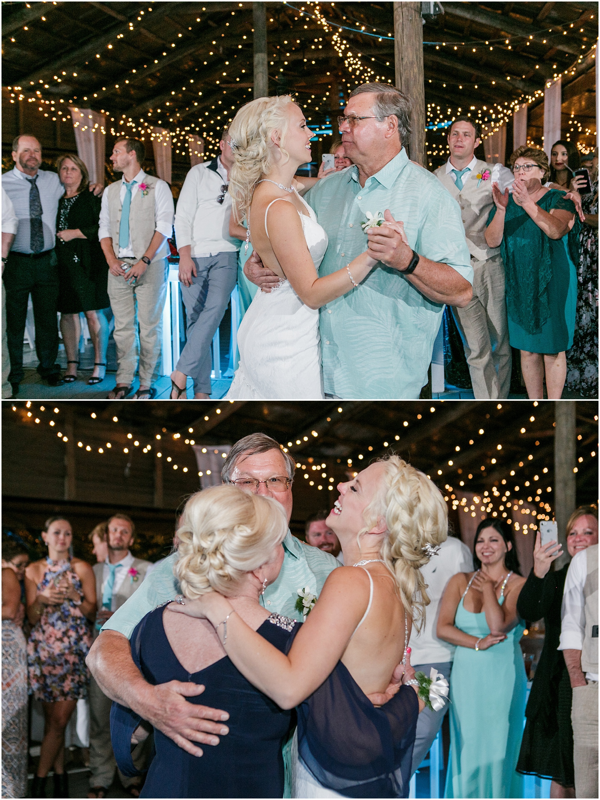 Bride dances with her parents at the wedding reception. 
