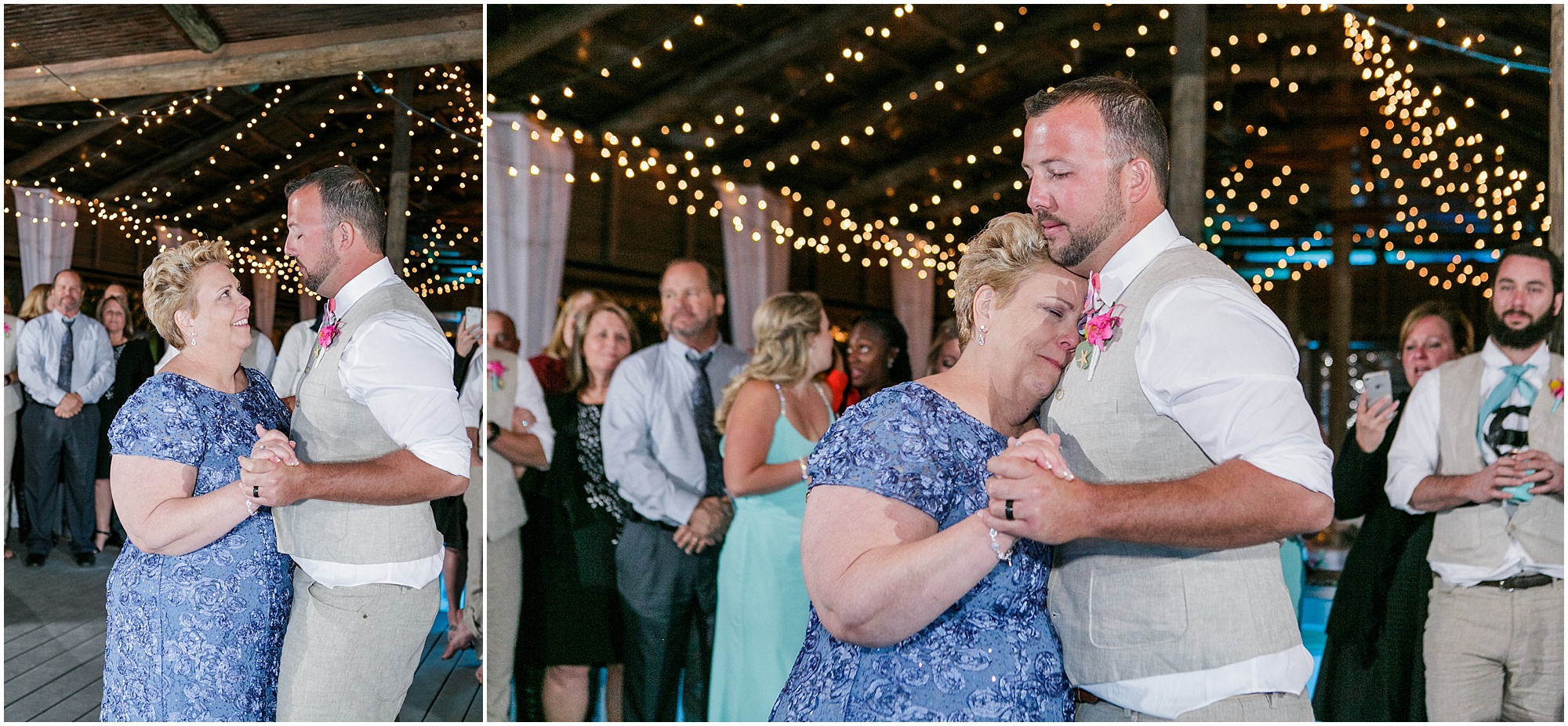Mother getting emotional as she dances with her son at paradise wedding. 